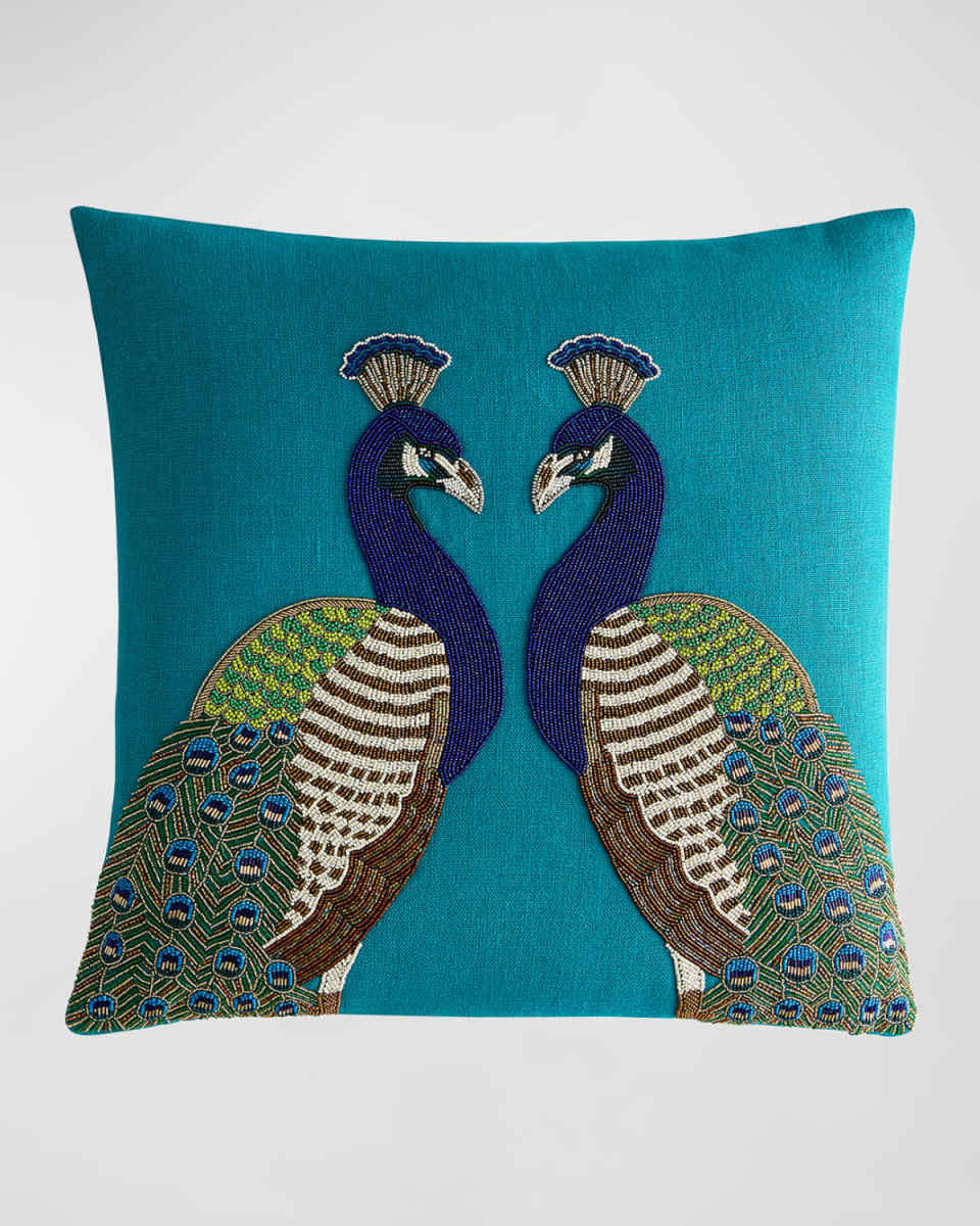 Reflected Peacock Beaded Pillow, 20" Square